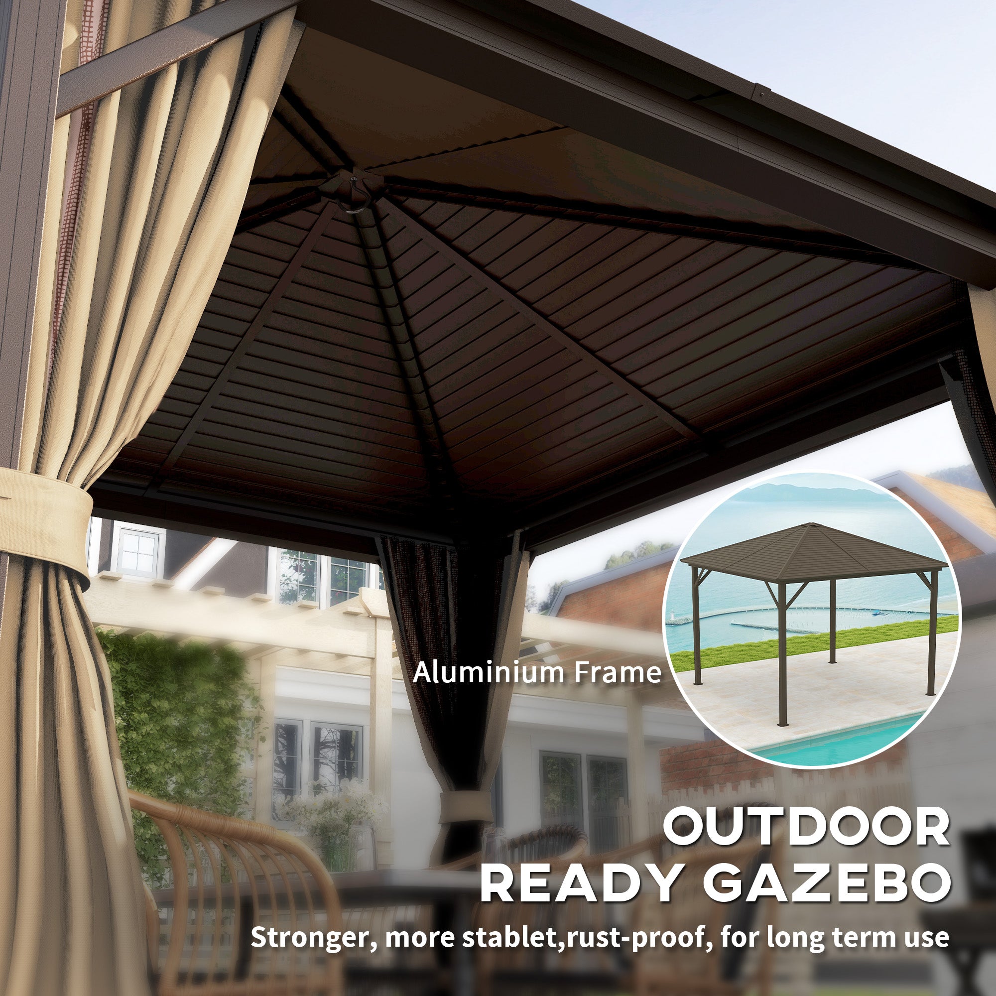 Outsunny 3 x 3(m) Metal Hardtop Gazebo, with Curtains and Accessories - Brown