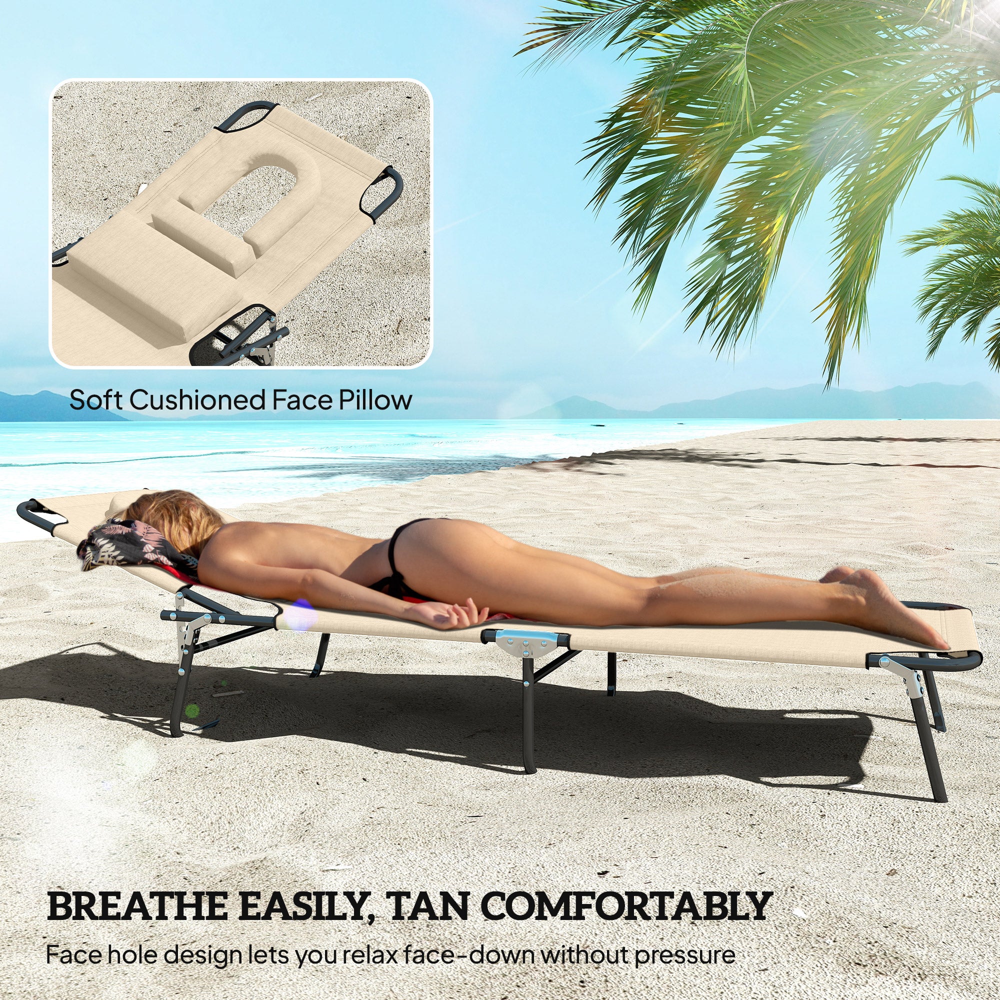 Outsunny Outdoor Folding Sun Lounger Set of 2 with Face Hole, 4 Level Adjustable Backrest Reclining Garden Lounger, Garden Recliner Sunbed with 600 D Oxford Cloth Seat and Pillow for Beach, Sand