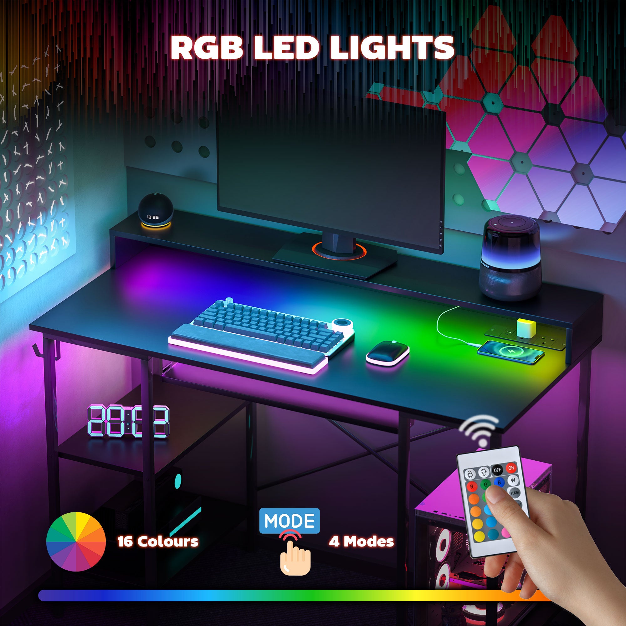 HOMCOM Computer Desk with LED Lights and Power Outlets, 120 x 55 cm Gaming Desk with Monitor Stand, Sliding Keyboard Tray and Storage Shelves for Home Office, Black