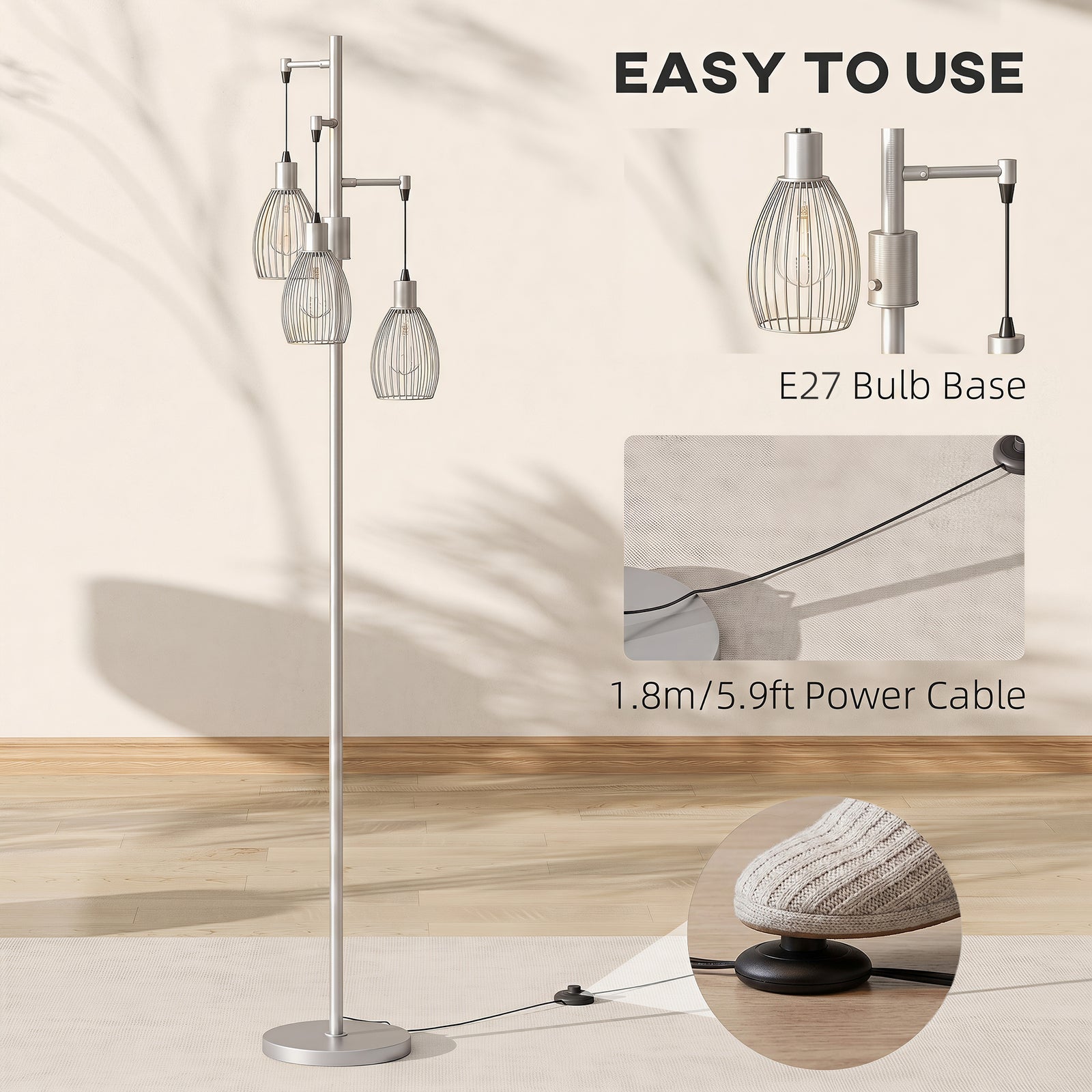 HOMCOM 170.5cm Industrial Dimmable Standing Lamp, 3-Light Floor Lamp with Steel Wire Cage Lampshades, Silver Tone