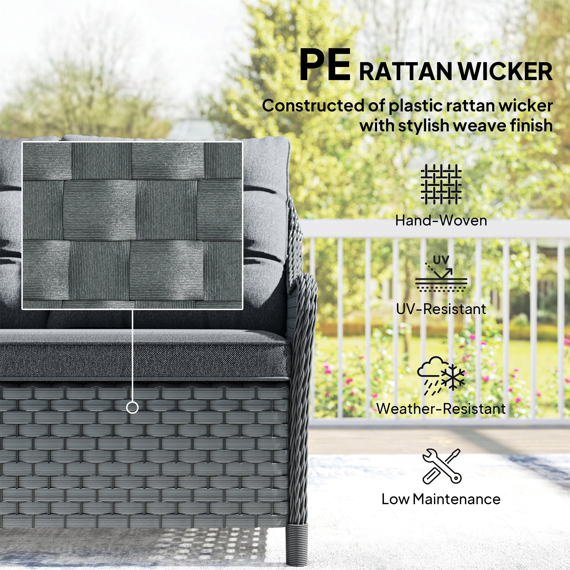 Outsunny 4-Piece Wicker Patio Furniture Set with 2 Armchairs, Loveseat, Glass Coffee Table, Conversation Sofa Set, Dark Grey