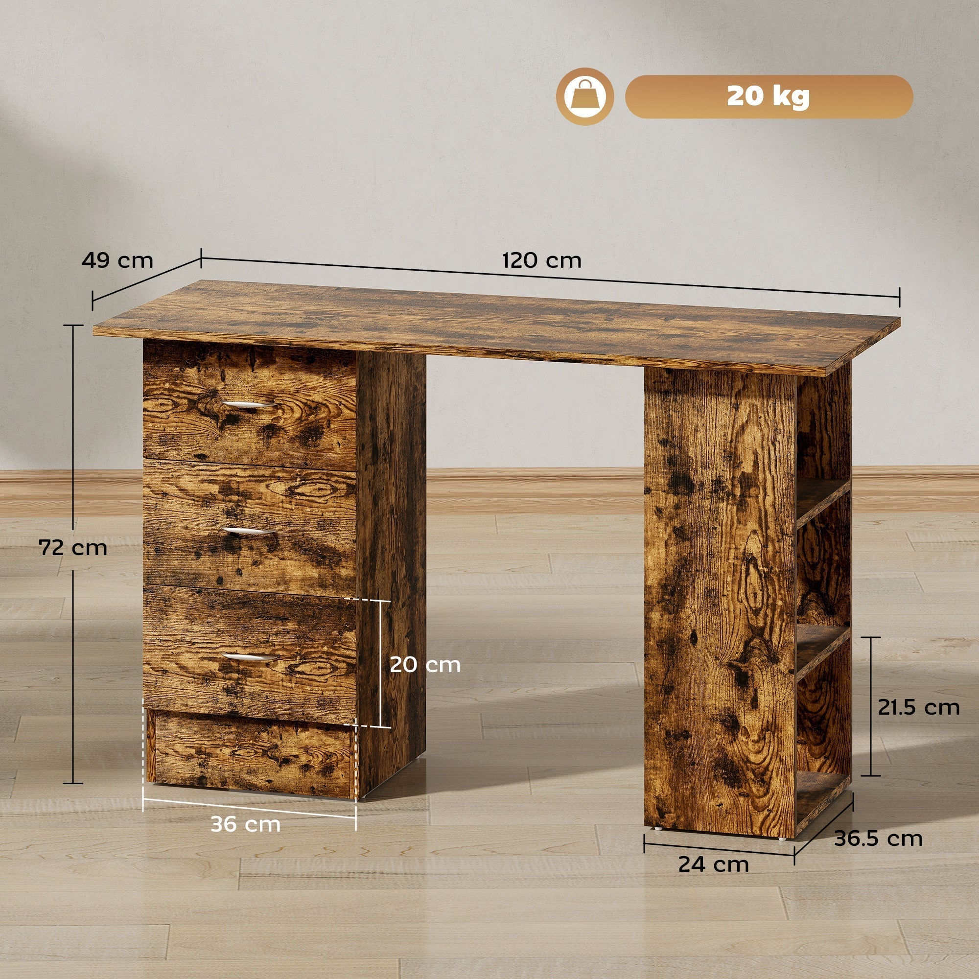 HOMCOM Computer Desk, Writing Table, PC Workstation with 3 Storage Shelves and Drawers, Silver Handle, for Home Office, Rustic Brown