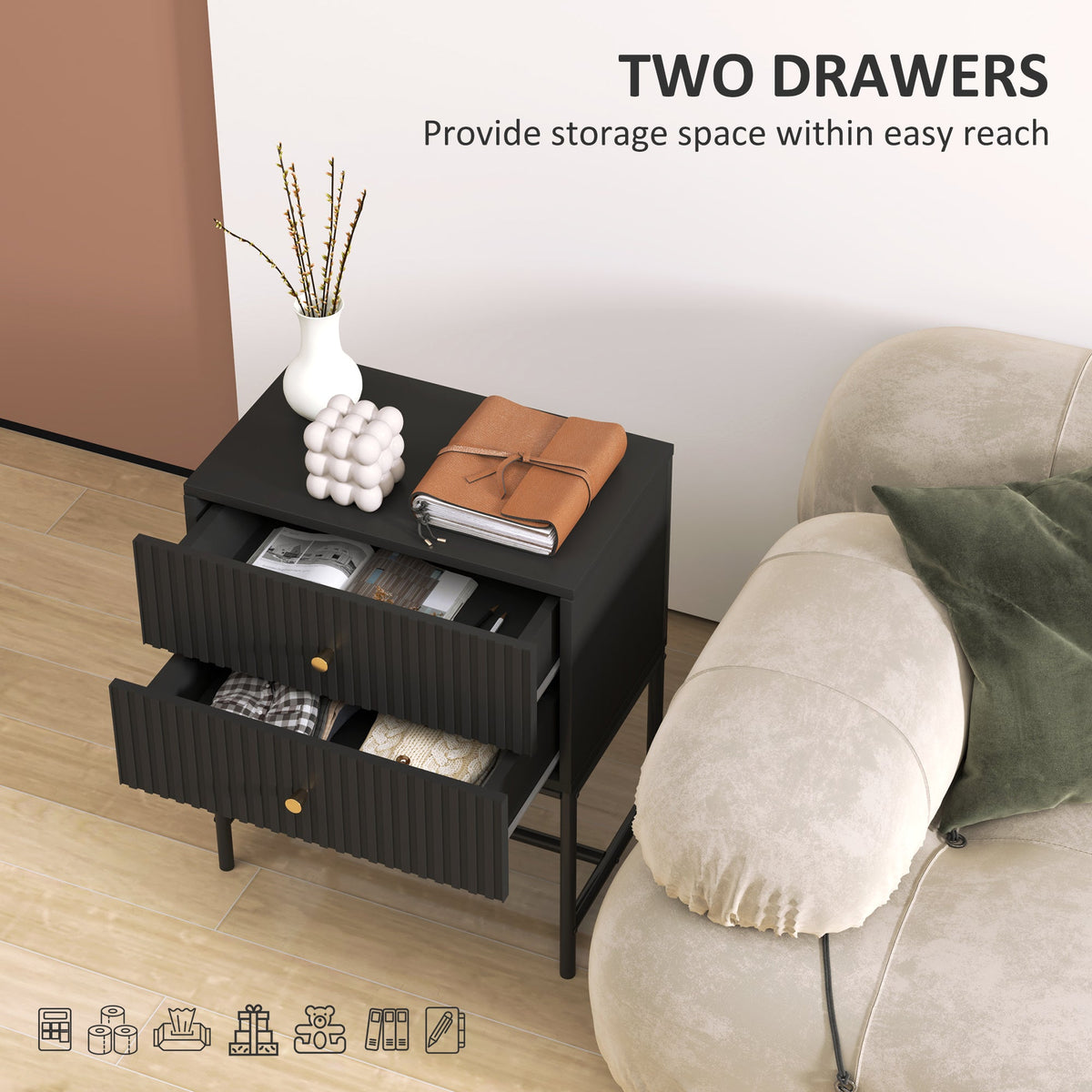 HOMCOM Elegant Two-Drawer Bedside Table Set of 2 - Black
