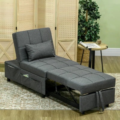 Convertible Chair Bed with Padding Seat, 4-in-1 Multi-Functional Sleeper Sofa Bed, Recliner with Adjustable Backrest, Side Pocket, Wheels and Pillow, for Living Room, Grey