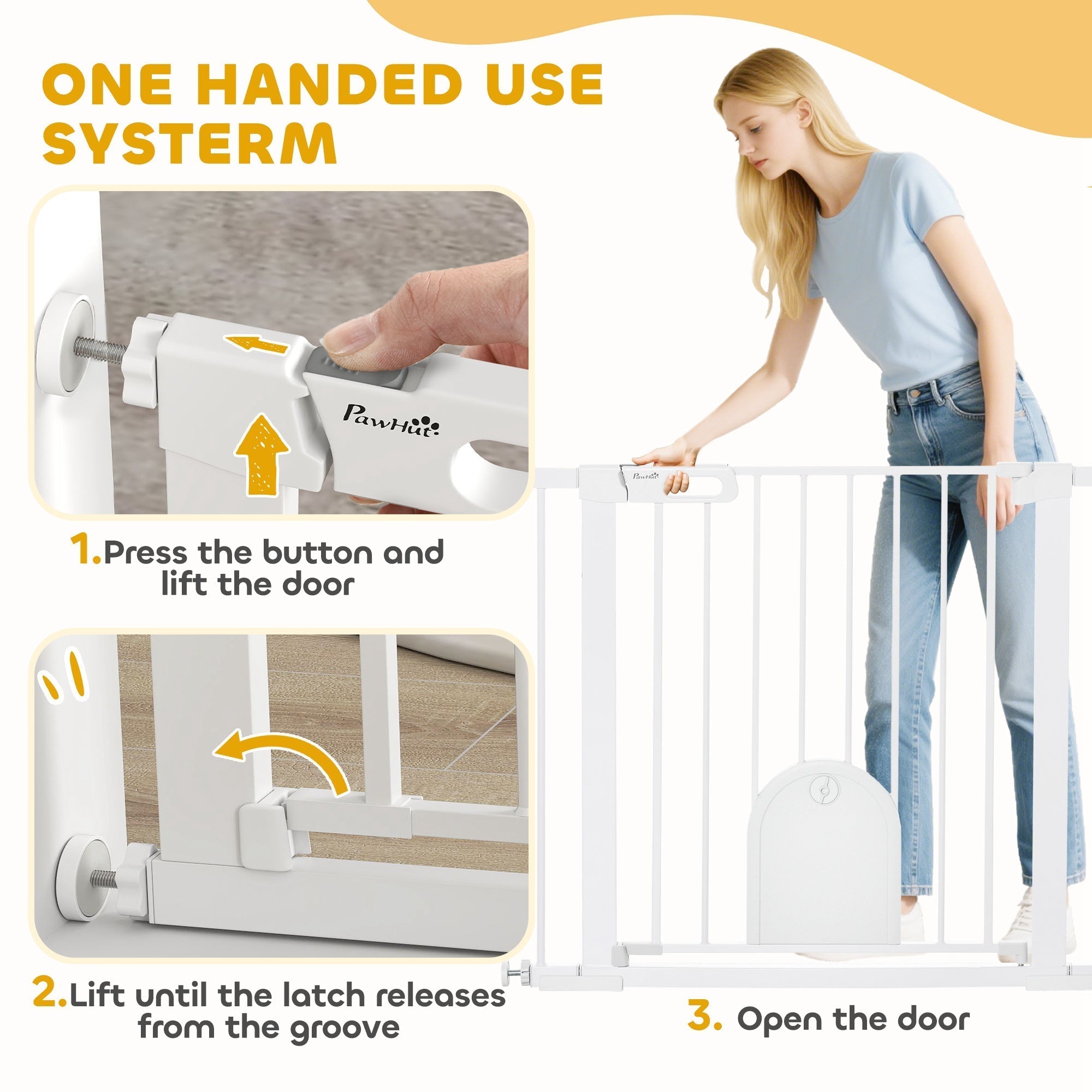 PawHut Dog Gate with Cat Flap Pet Safety Gate Barrier, Stair Pressure Fit, Auto Close, Double Locking, for Doorways, Hallways, 75-103 cm White