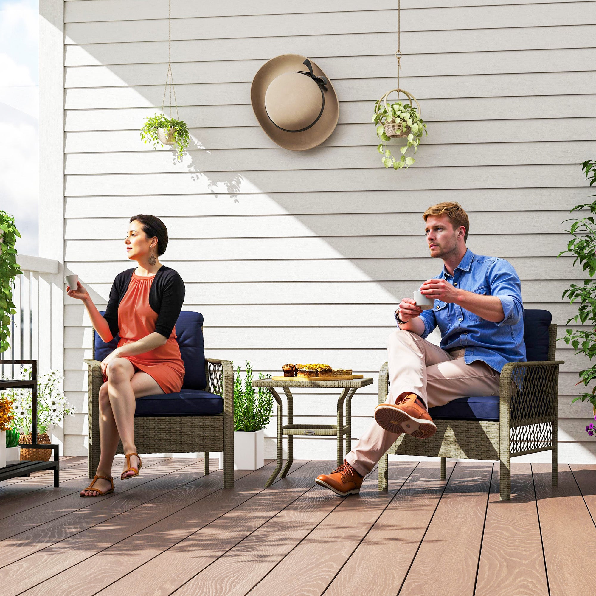 Outsunny 3 Pieces Rattan Bistro Set with Glass Top Coffee Table, Chairs and Cushions for Outdoor, Patio, Balcony, Charcoal Grey