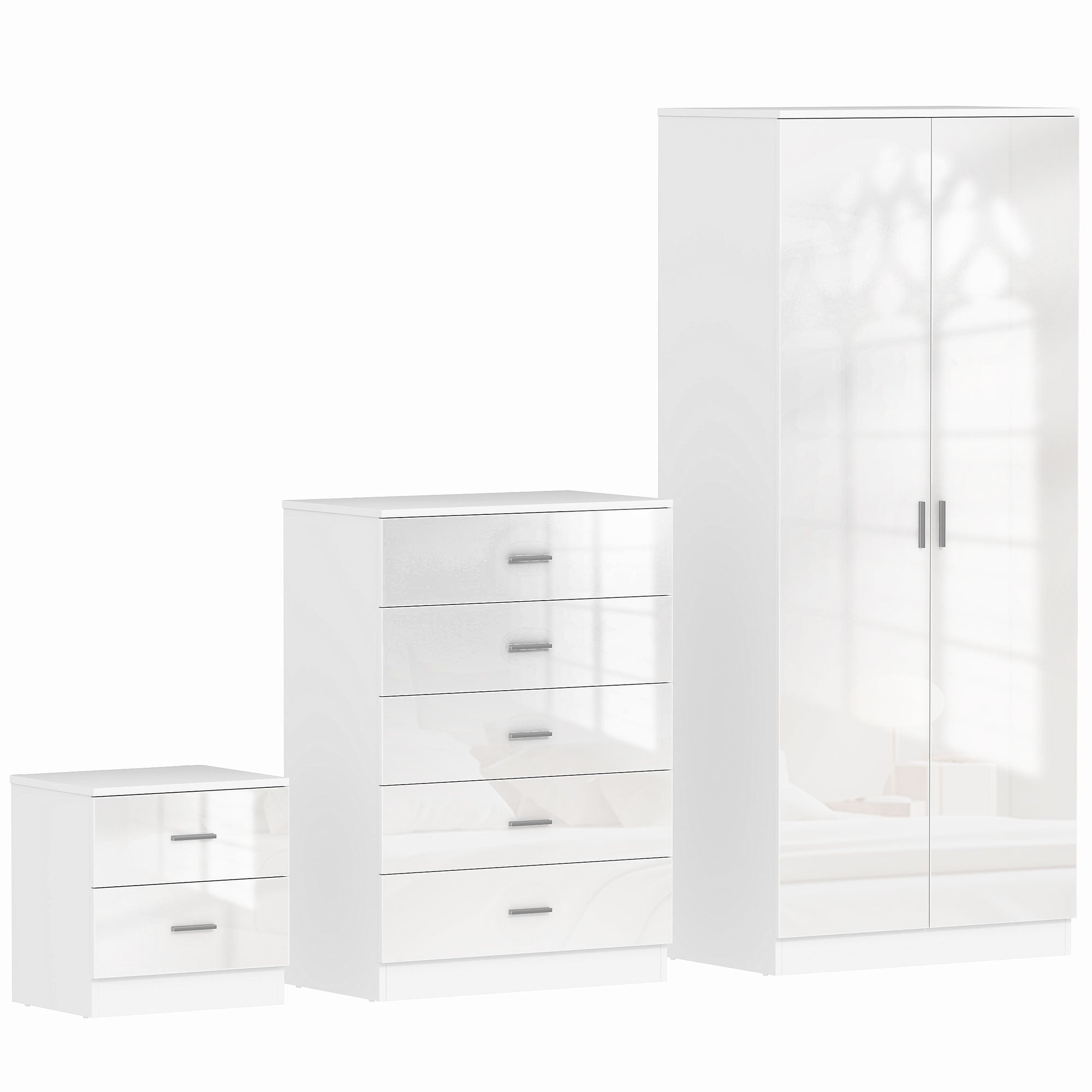 HOMCOM High Gloss 3 Piece Trio Bedroom Furniture Set Wardrobe + Chest Of Drawer + Bedside White