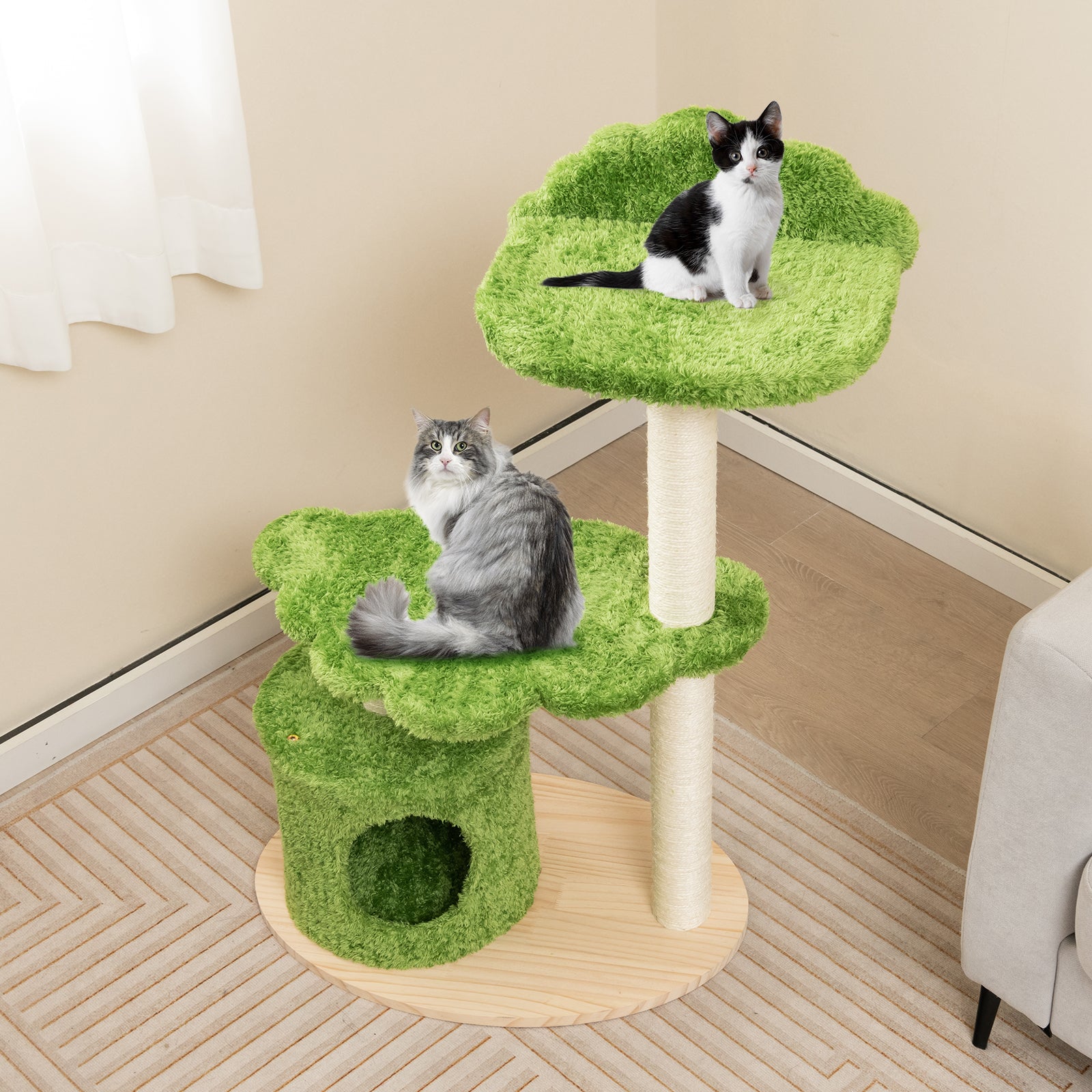 97 cm Cute Cat Tree with Fully Wrapped Sisal Scratching Posts-Green