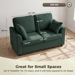 HOMCOM 2 Seater Sofa, Corduroy Small Couch with Spring Cushion, Wide and Deep Seat, Dark Green