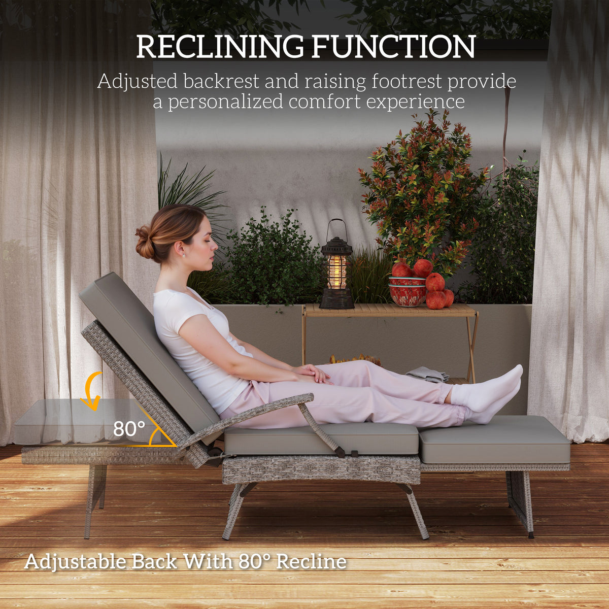 Outsunny 80° Reclining Rattan Lounger - Grey