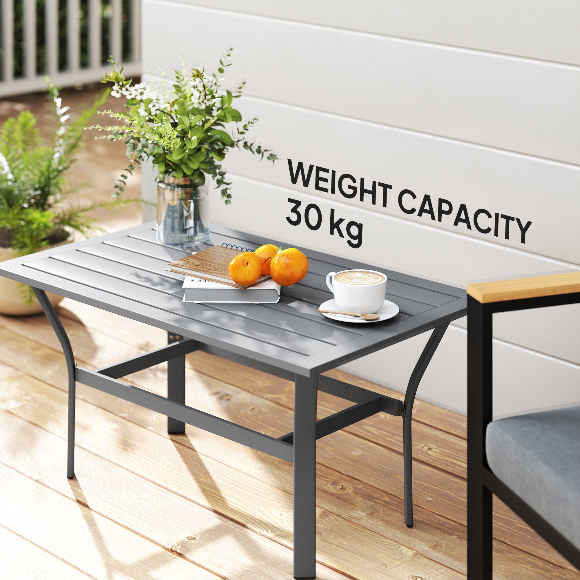 Outsunny Metal Garden Coffee Table, Rectangular Outdoor Side Table with Slatted Tabletop, Foot Pads for Outside, Garden, Balcony, Porch, 91.5 x 55 x 45cm, Dark Grey