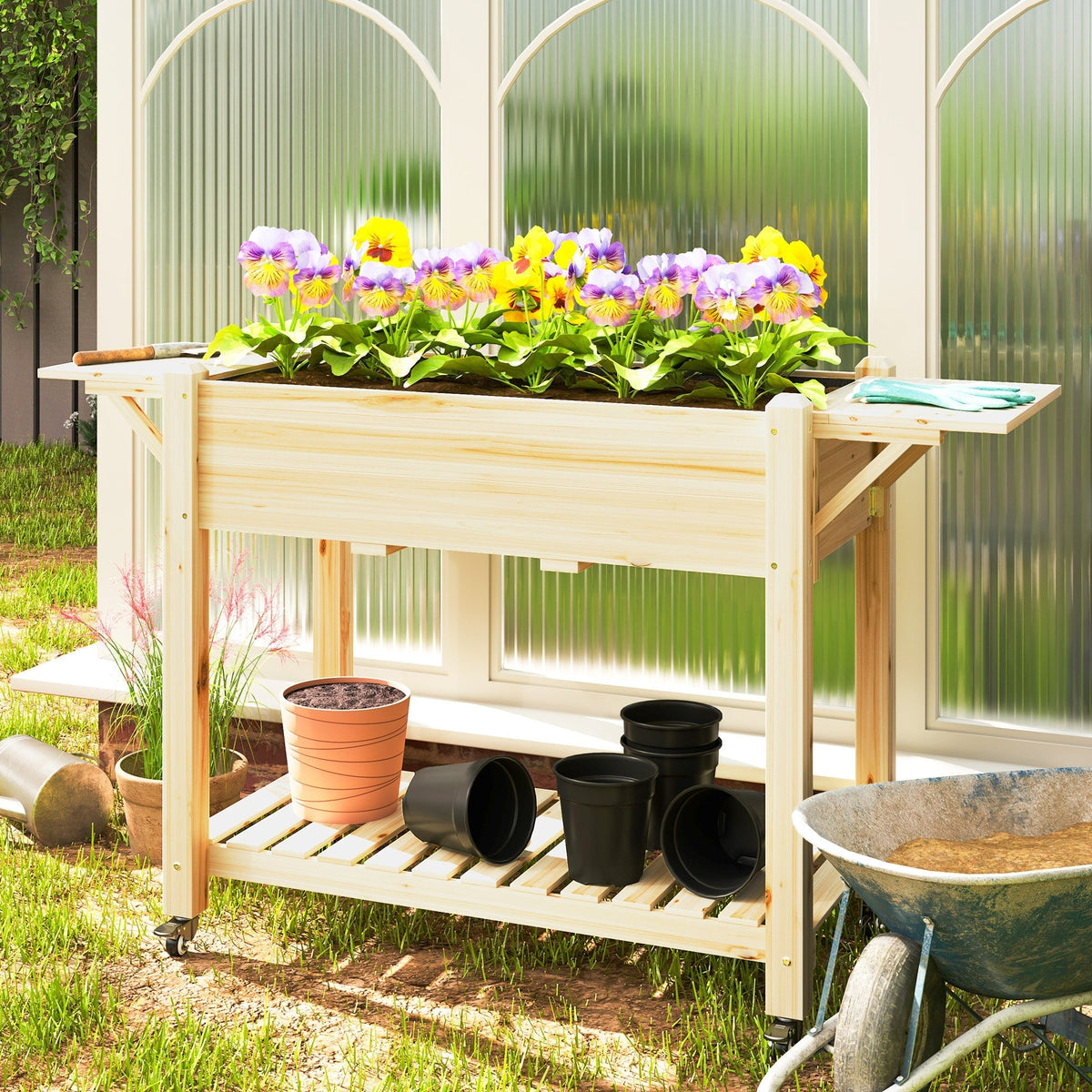 Outsunny 46 x 94cm Wooden Raised Planter, with Shelves - Natural Finish