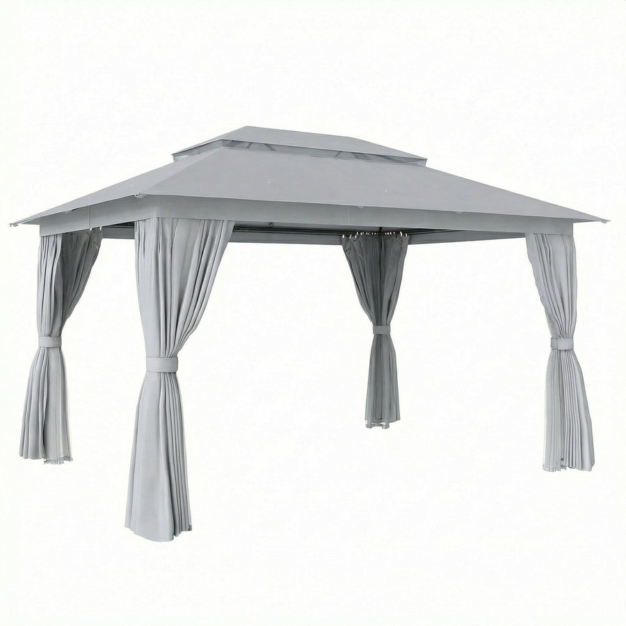 Outsunny 3 x 4 m Outdoor Garden Gazebo with Netting and Curtains, UPF50+ Patio Gazebo Permanent Pavilion Canopy, Dark Grey
