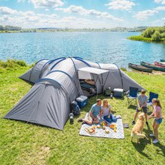 Outsunny 6-9 Man Large Tunnel Tent with 3 Bedrooms, Living Area and Porch, Stand-up Camping Tent, Portable with Bag, Light Grey