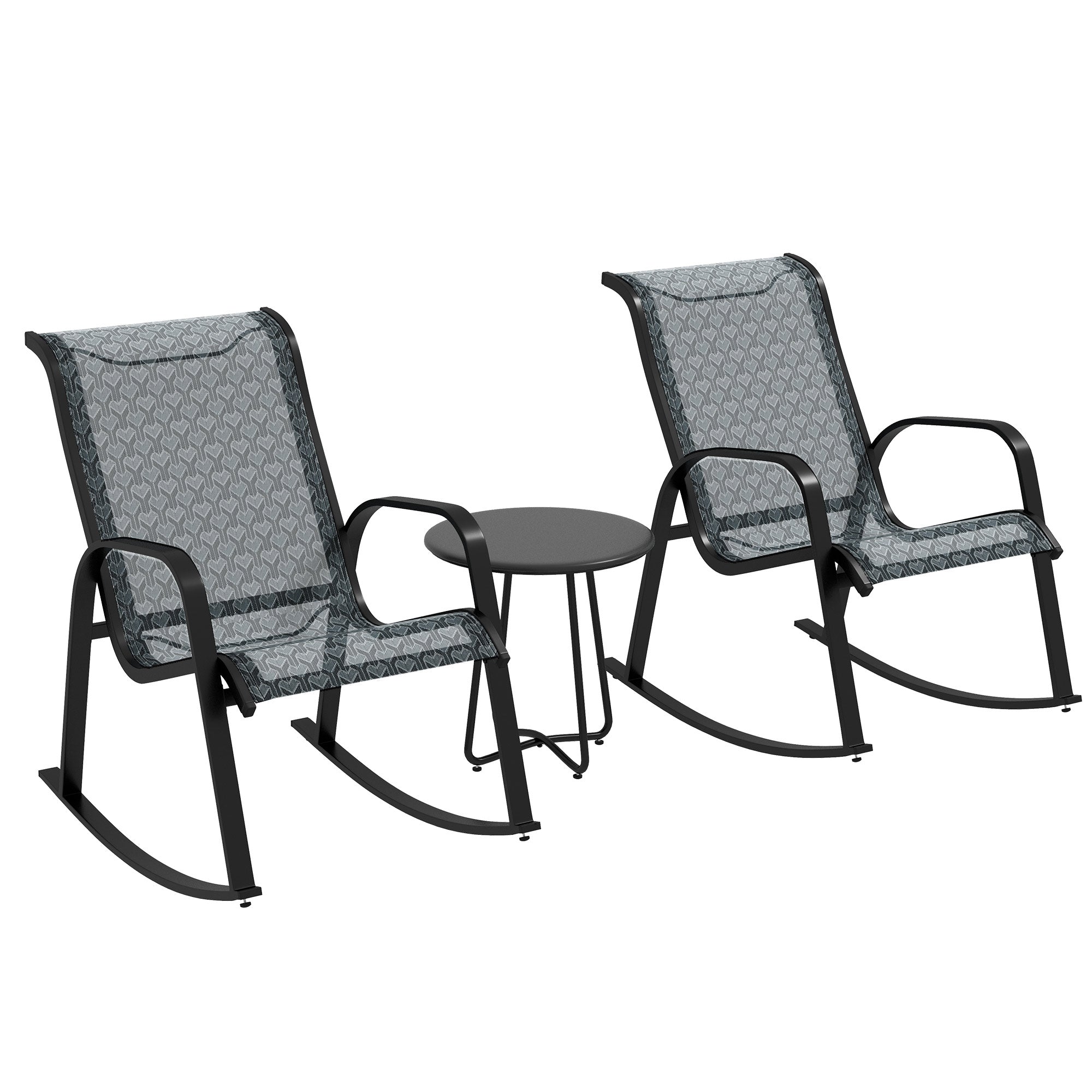 Outsunny 3 Piece Outdoor Rocking Set with 2 Armchairs and Metal Top Coffee Table, Patio Bistro Set with Curved Armrests, Breathable Mesh Fabric Seat for Garden, Deck, Mixed Grey