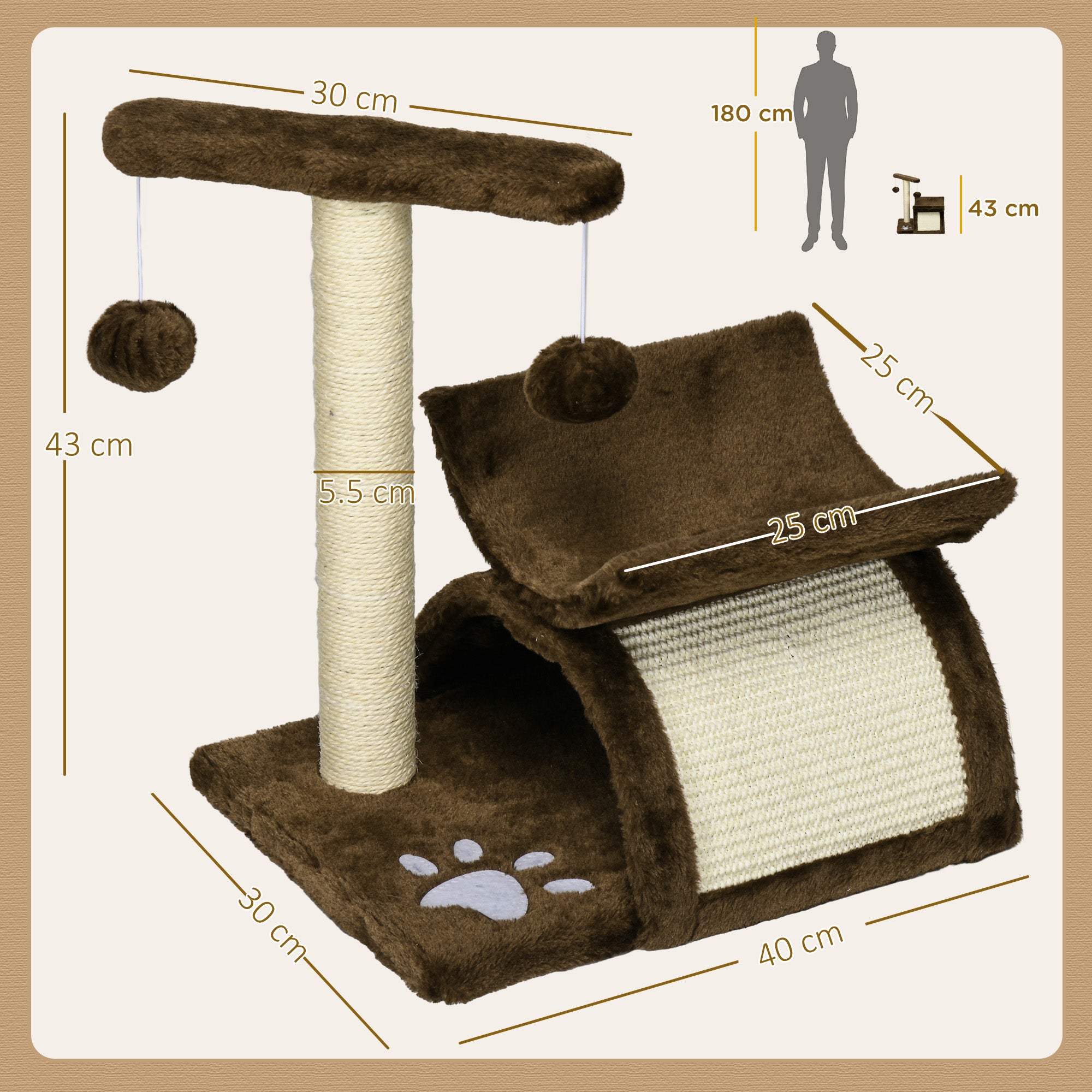 PawHut Cat Tree, Cat Tower for Kittens with Rotatable Top Bar, Sisal Scratching Post, Tunnel, Dangling Balls - Brown