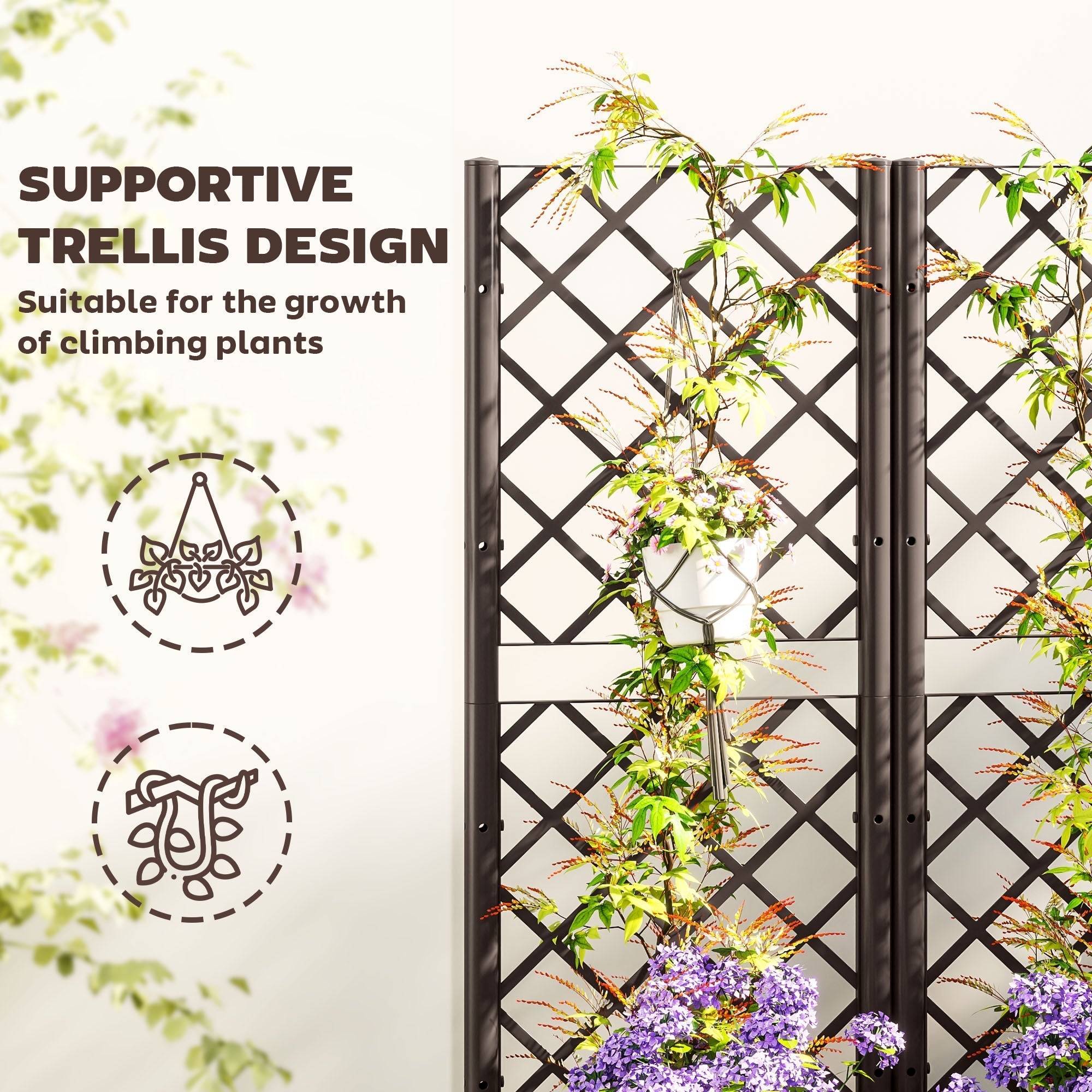 Outsunny Raised Garden Bed with Trellis, Plastic Planter Box with Drainage Holes, Drain Plugs and Water Reservoirs for Climbing Plants, Vegetables, Flowers, Brown