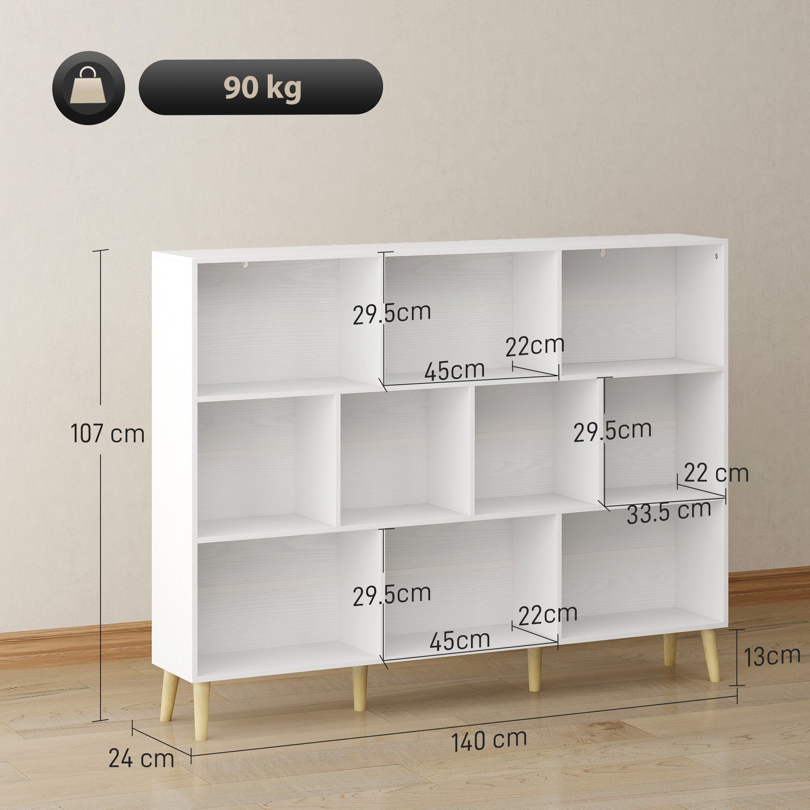 HOMCOM 10-Cube Bookcase, 3-Tier Book Shelf with Solid Wood Legs, 140 cm Modern Bookshelf with Anti-Tip Kit for Bedroom, White
