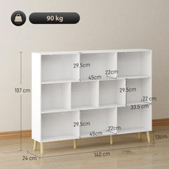 HOMCOM 10-Cube Bookcase, 3-Tier Book Shelf with Solid Wood Legs, 140 cm Modern Bookshelf with Anti-Tip Kit for Bedroom, White