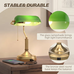 HOMCOM Desk Lamp with USB Ports, Banker's Table Lamp Desk Lamp with Vintage Bronze Tone Base and Pull Rope Switch, Green