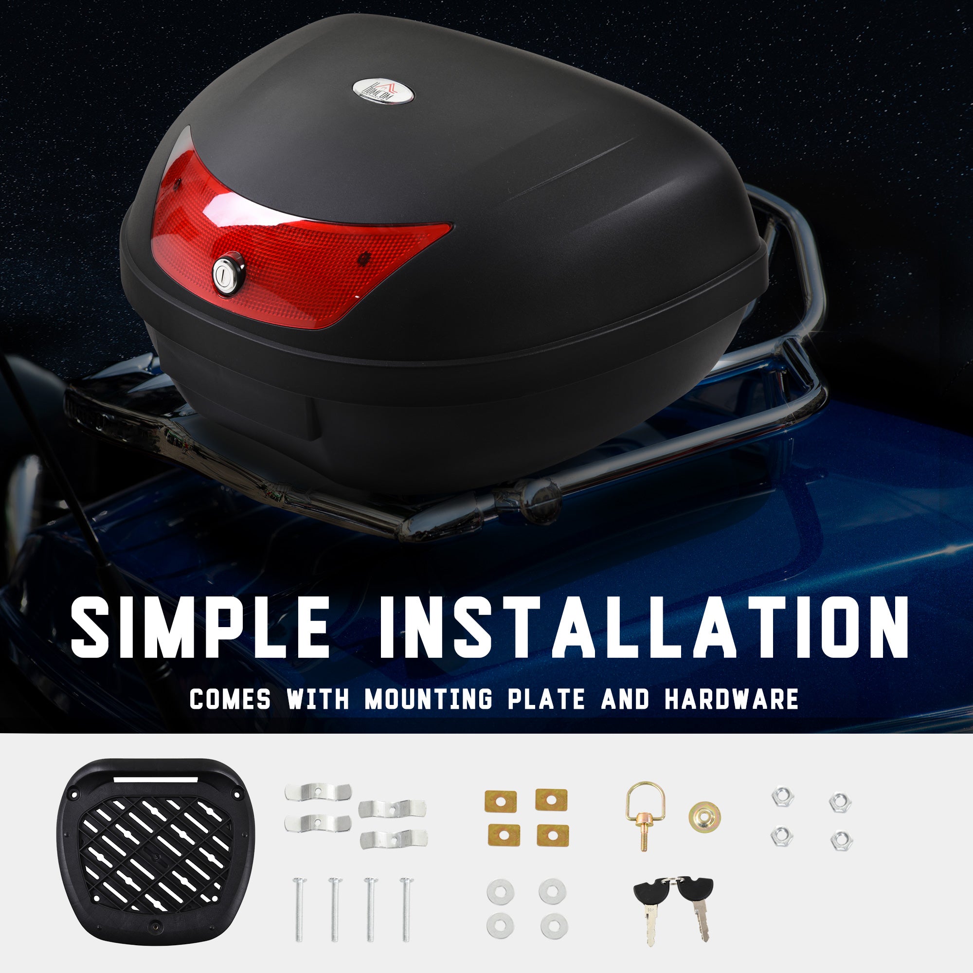 HOMCOM 48L Motorcycle Trunk Travel Luggage Storage Box Motorbike Accessory Large Storage Space For 2 Half Helmet - Black