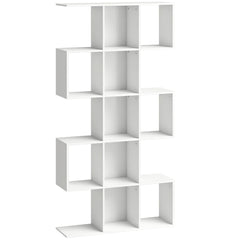 HOMCOM 5-Tier Bookshelf, S Shaped Geometric Bookcase with 15 Compartments, White Wood Effect
