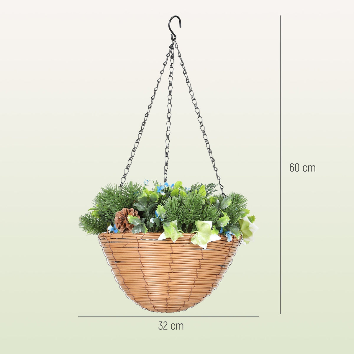 HOMCOM Pack of 2 Faux Plant Artificial Lisianthus Flowers, Hanging Planters with Basket, PE Leaves, 18 Flowers and 3 Pinecones, Decorative Faux Plants for Home Office Decor, Green