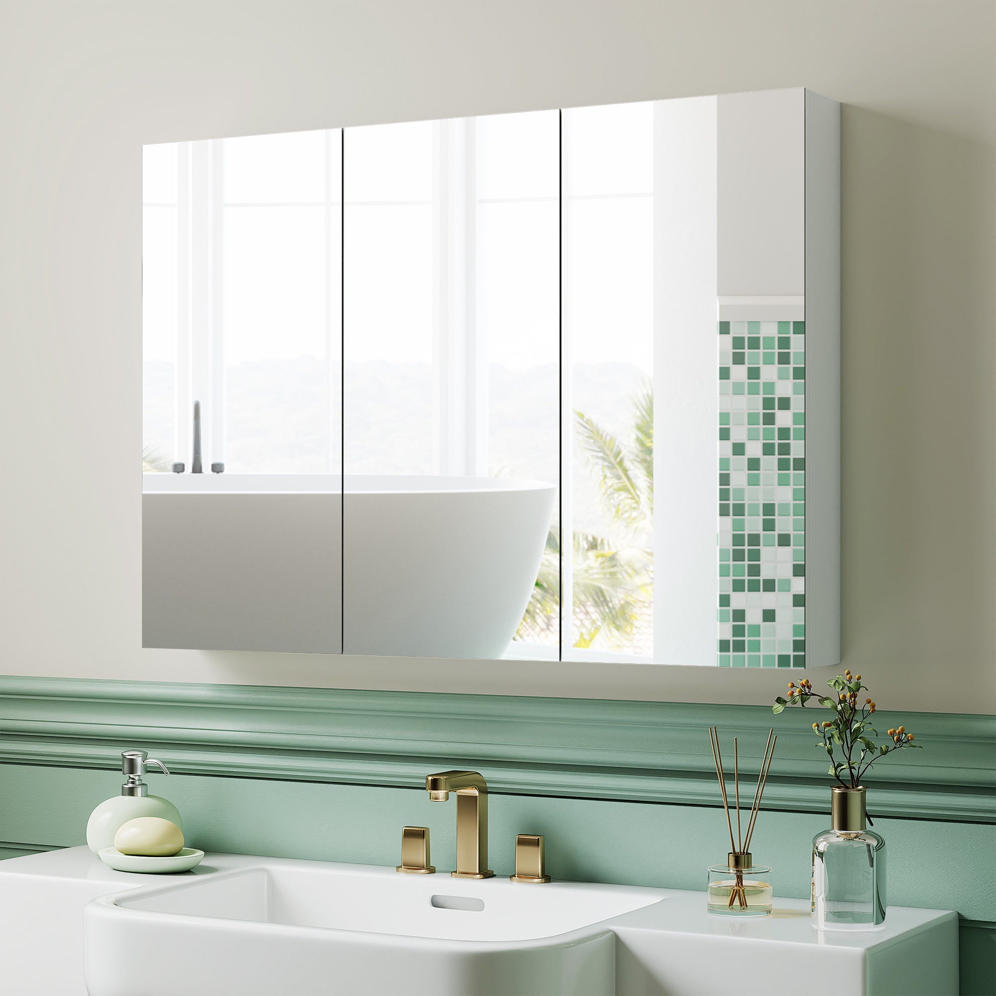 HOMCOM Three-Mirror Bathroom Storage Cabinet - White