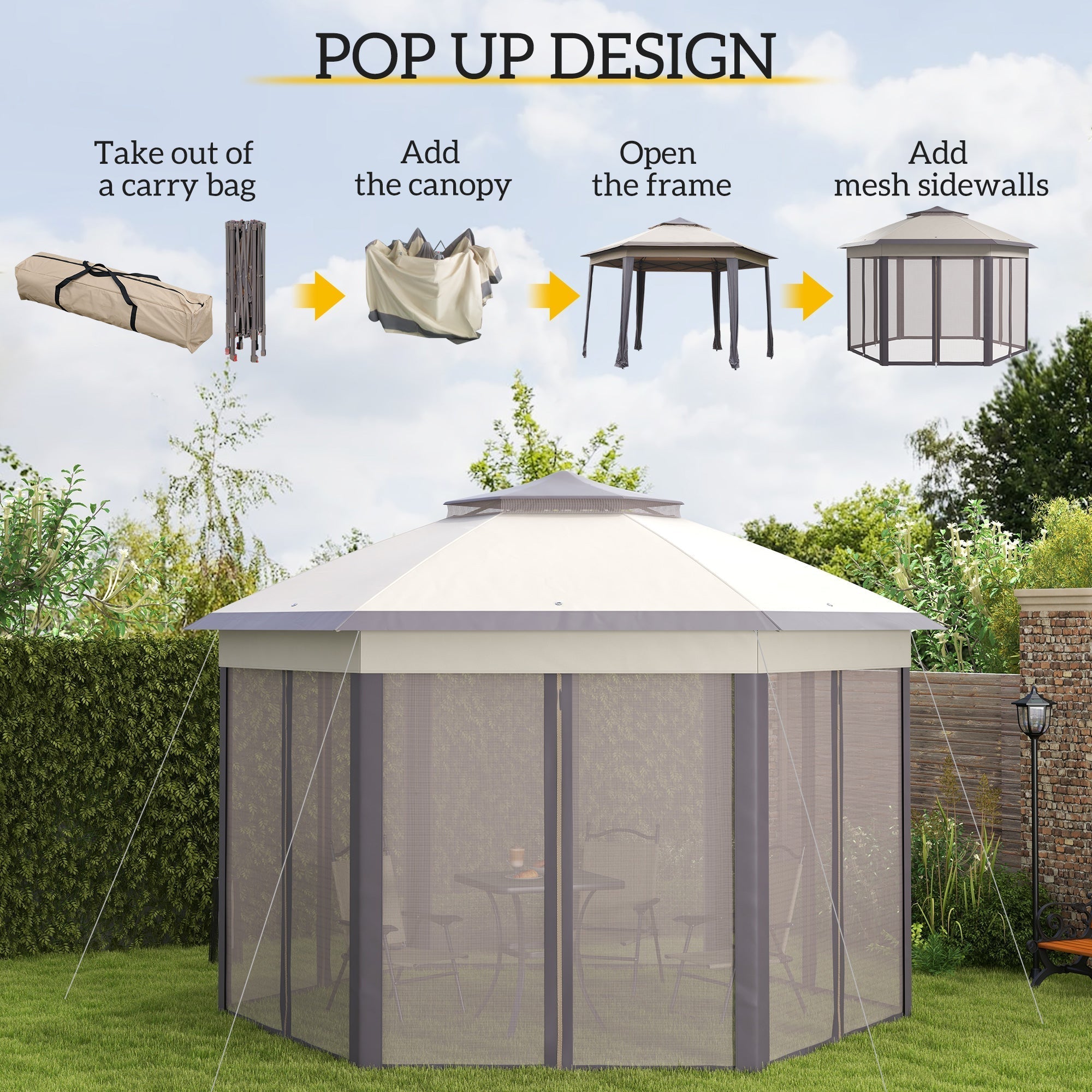 Outsunny 3 x 4m Garden Gazebo Hexagon Pop Up Gazebo Party Tent Canopy Double Roof Instant Shelter with Netting and Carry Bag for Outdoor Patio, Beige