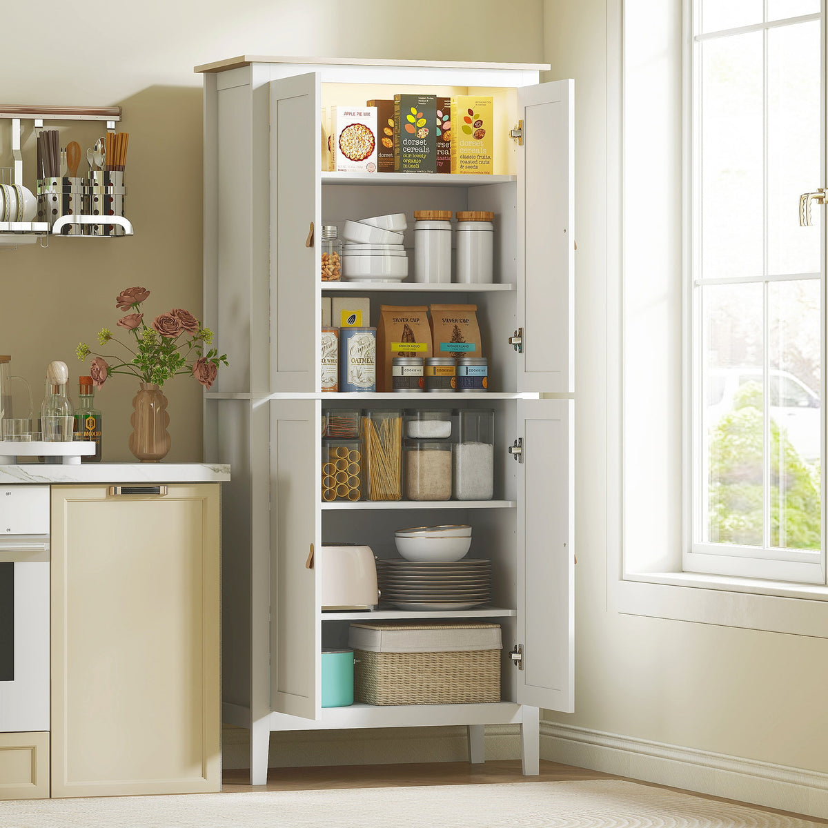 HOMCOM 176.5 cm Tall Pantry Cupboard with Motion Sensor LED Light - White