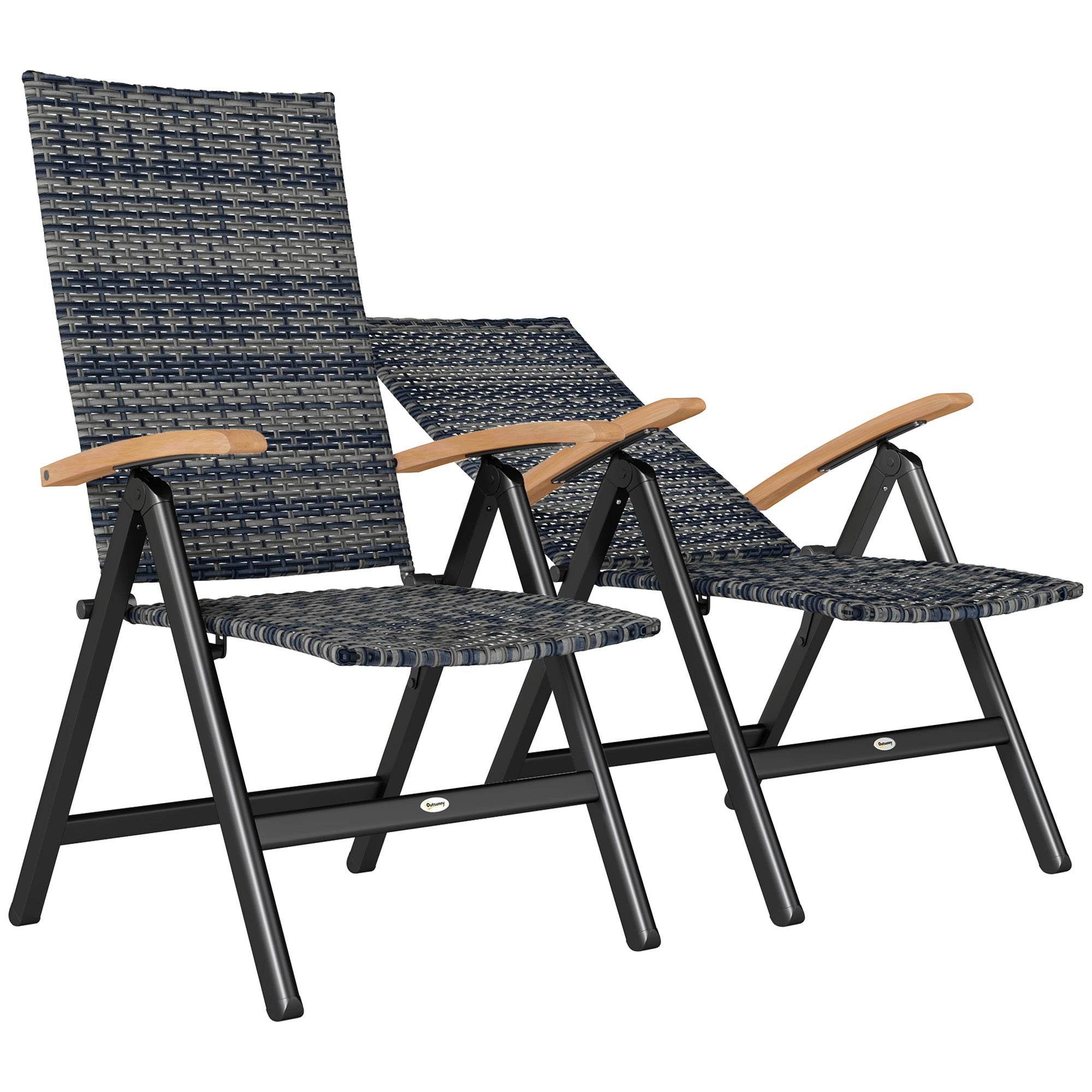 Outsunny 2 Pieces Folding Rattan Garden Dining Chairs with 5-level Reclining High Back, Wood Armrests for Outdoor - Mixed-grey