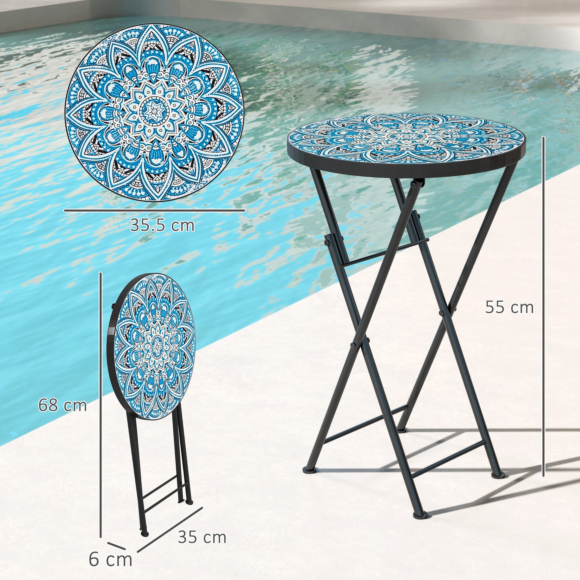 Outsunny Mosaic Outdoor Garden Table, 35.5cm Round Folding Coffee Table with Metal Frame for Balcony Terrace, Blue