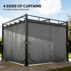 Outsunny 3 x 3 m Pergola with Retractable Roof Canopy and Curtains, UPF30+ Metal Frame Garden Pergola Gazebo Sun Shade, Dark Grey