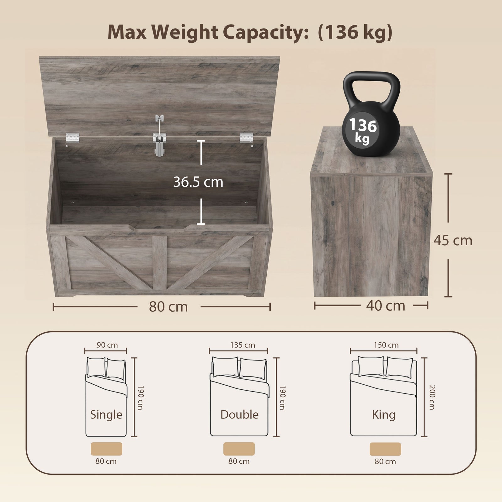HOMCOM 100L Home Storage Box, with Safety Hinge - Grey Wood-Effect
