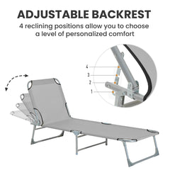 Outsunny Reclining Sun Lounger Chair Folding Camping Bed with 4-Position Adjustable Backrest, Grey