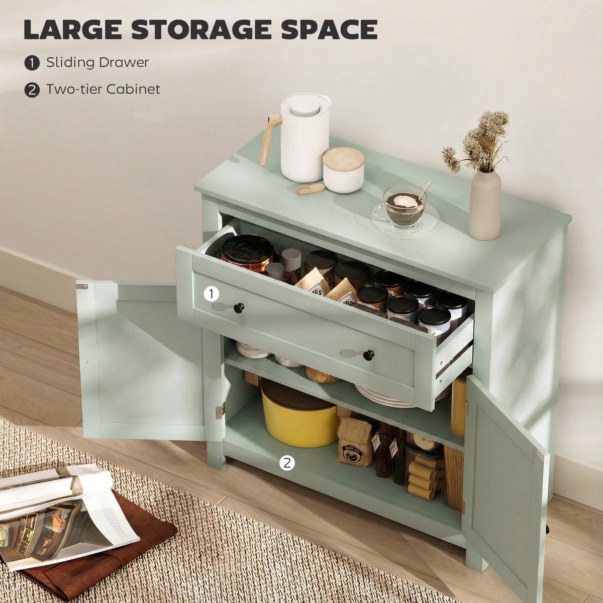 HOMCOM Sideboard Storage Cabinet, Modern Kitchen Cupboard with Adjustable Shelf, Drawer and Double Doors, Green