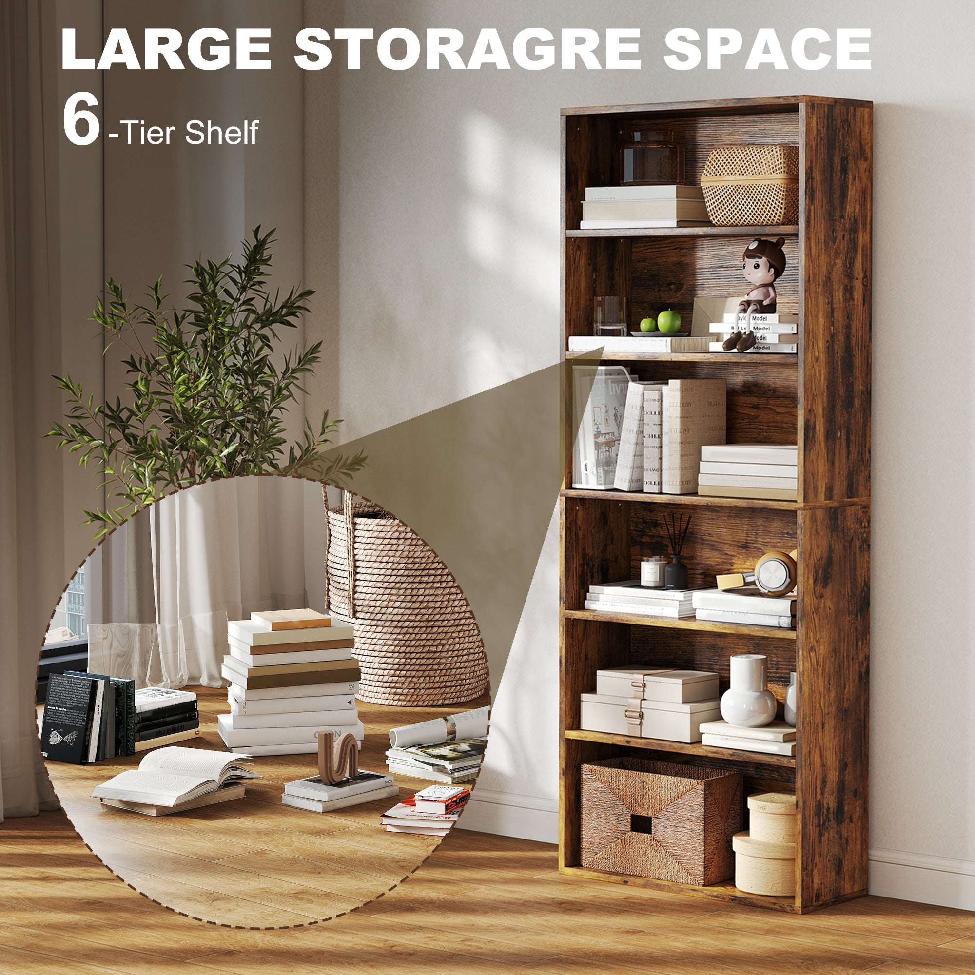 HOMCOM Six Shelf Bookcase - Rustic Brown