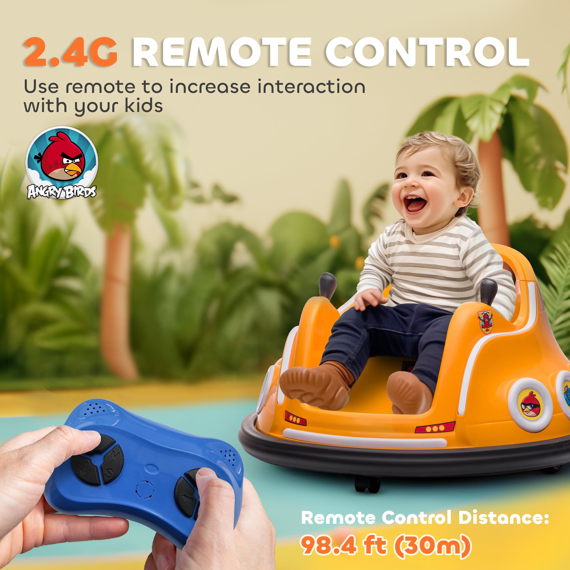 AIYAPLAY Angry Bird Licensed Waltzer Car, 12V Kids Bumper Car w/ Joysticks, Remote, Music LED Lights, Orange