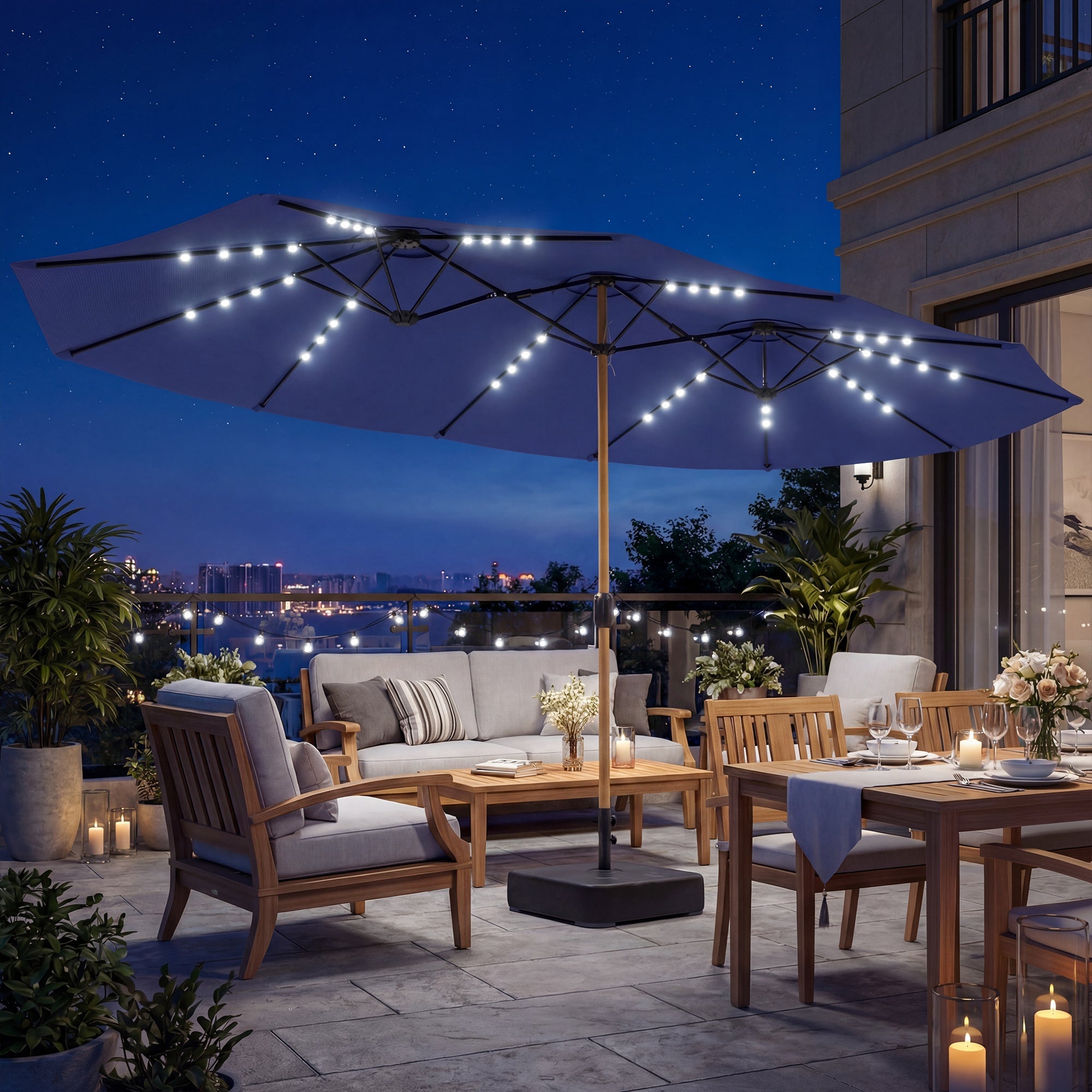 Outsunny Double Sided Garden Parasol with Base Included & 48 Solar LED Lights Patio Umbrella Crank Handle 4.6m Dark Blue