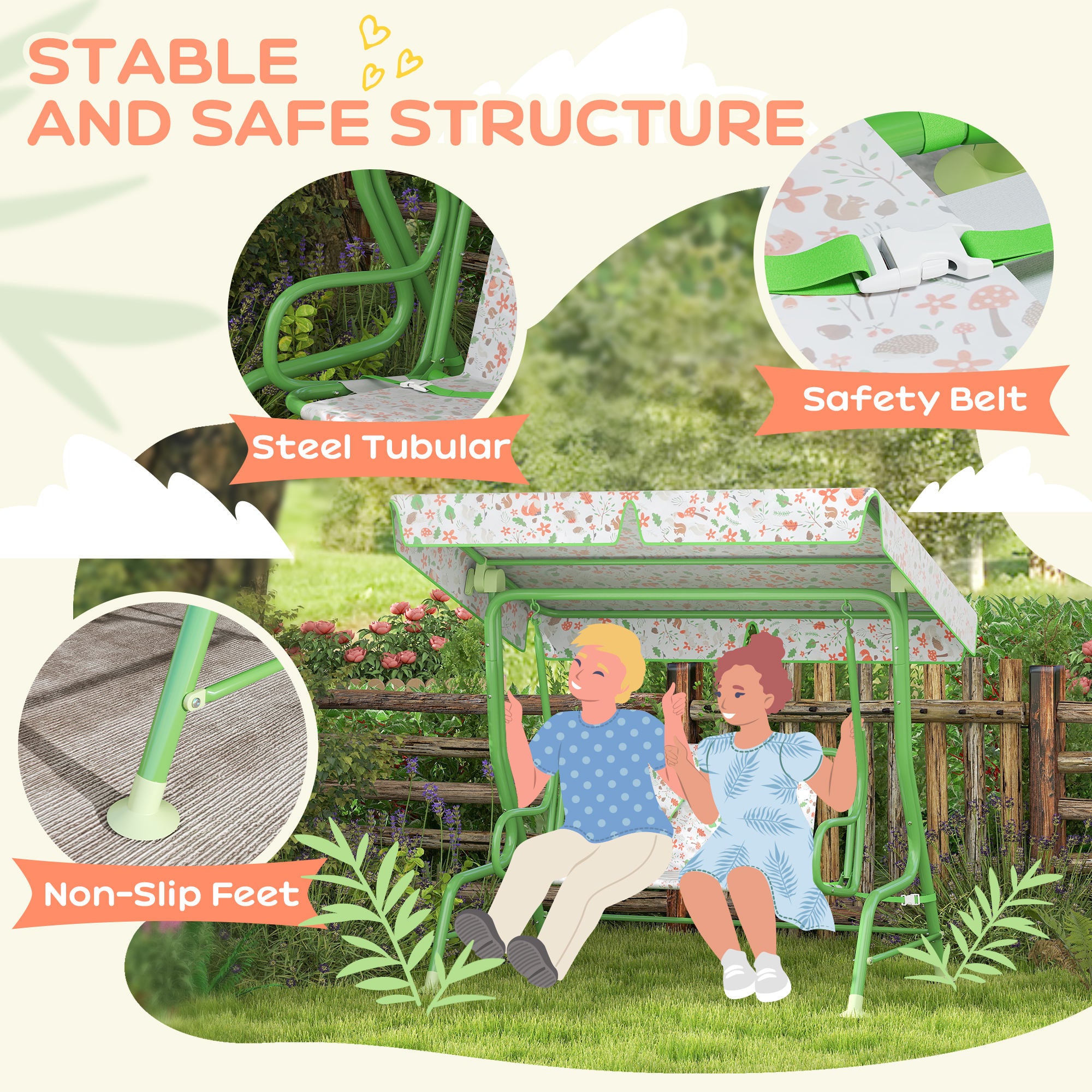 AIYAPLAY Kids Garden Swing Chair with Adjustable Canopy, Safety Belt, 2 Seater Hammock Swing Bench for Patio, Porch, Green