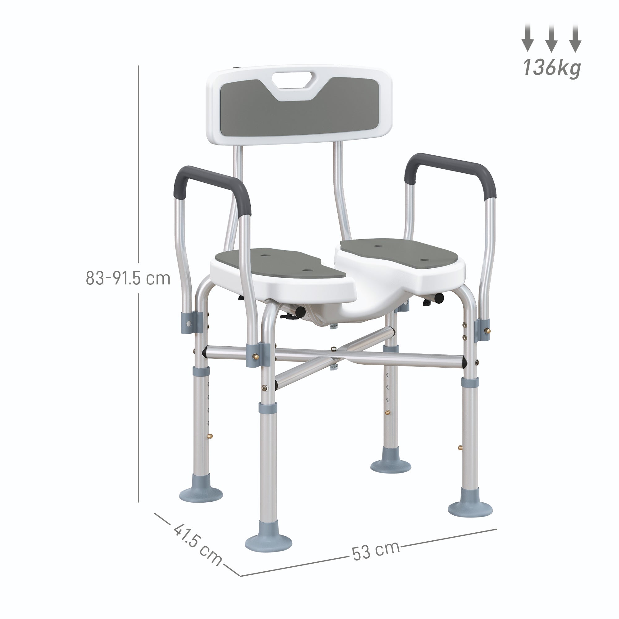 HOMCOM Shower Chair with Hygiene Cut-Out Seat and Reinforced Crossbars, Height Adjustable Padded Bath Chair with Non-slip Feet for Elderly Seniors Disabled Handicap, Tool-Free Assembly, Grey