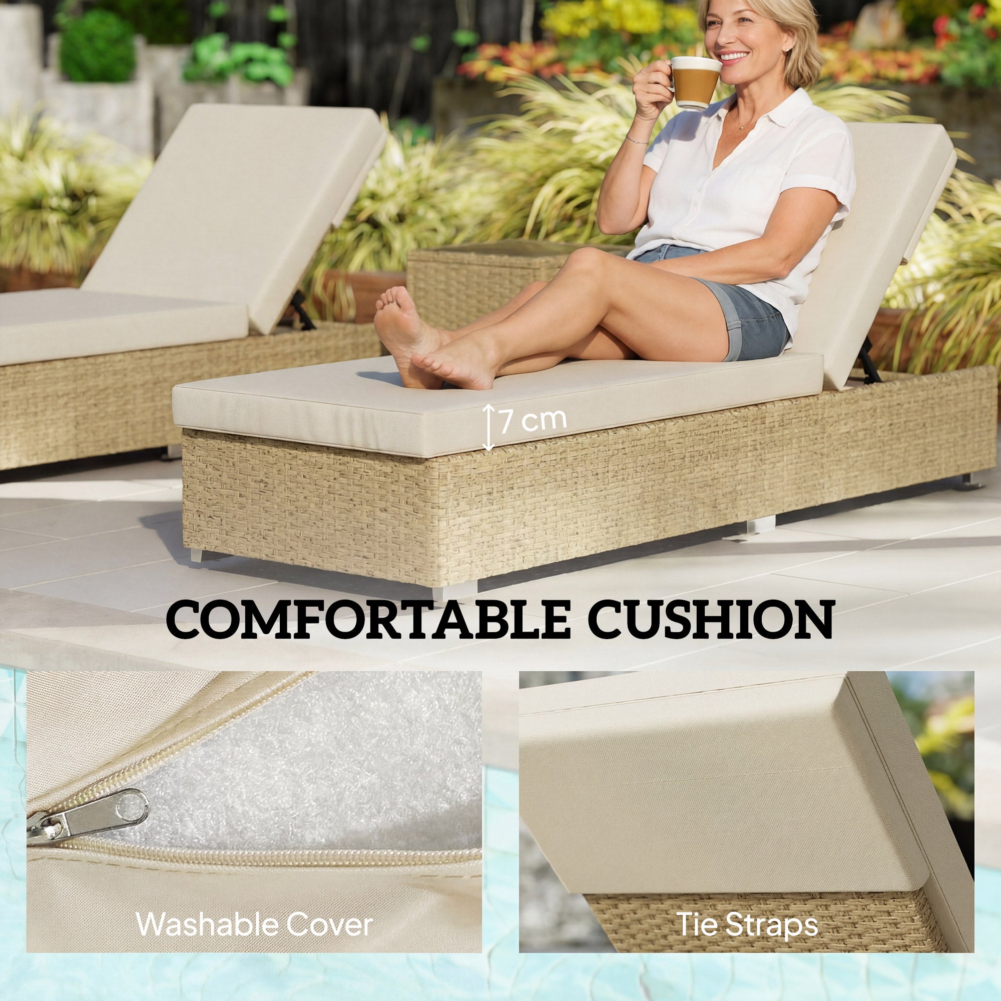 Outsunny Rattan Sun Loungers Set of 2 with Side Table, Garden Recliner Sunbeds with Adjustable Back, Cushions, Beige