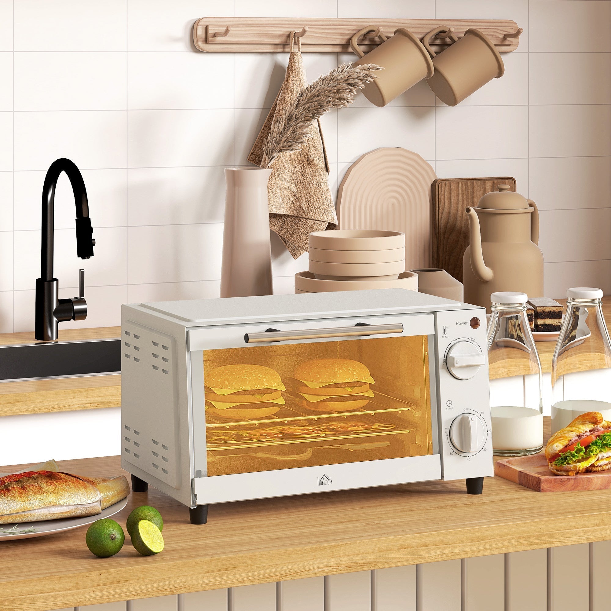 HOMCOM Mini Oven, 9L Countertop Electric Grill, Toaster Oven with Adjustable Temperature, Timer, Dishwasher Safe Baking Tray and Wire Rack, 750W, Cream