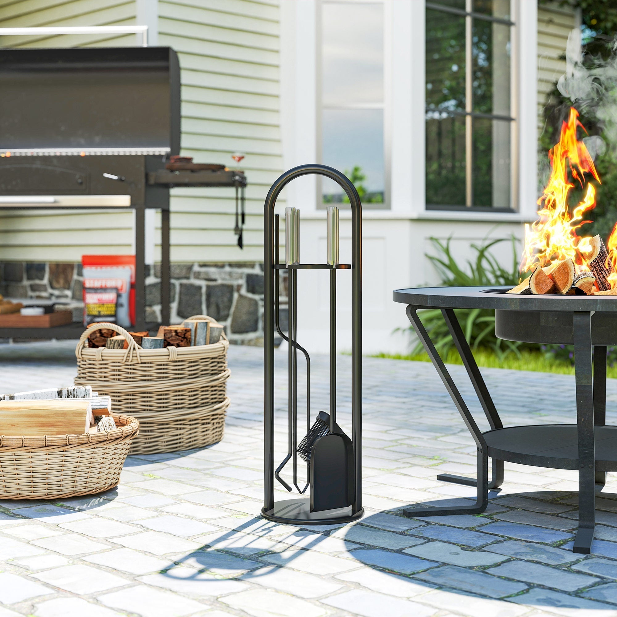 Outsunny 5 Pieces Fireplace Tools Set, Metal Fireplace Accessories Fireside Companion Set with Broom, Shovel, Poker and Bucket, Silver
