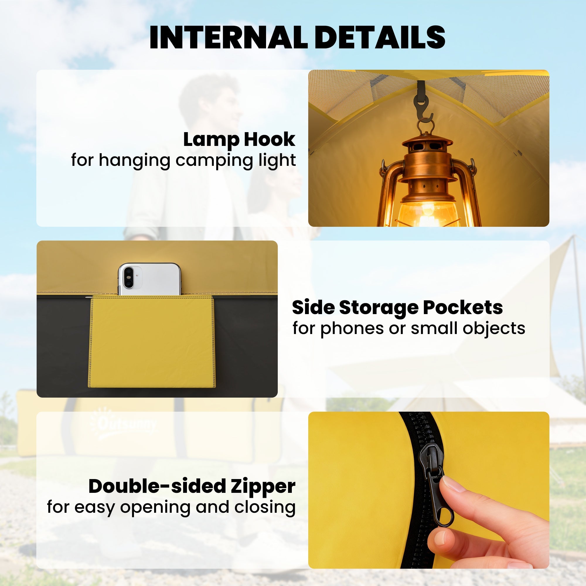 Outsunny 2 Person Camping Tent, Dome Tent with Zipped Doors, Storage Pocket, Portable Handy Bag, Yellow