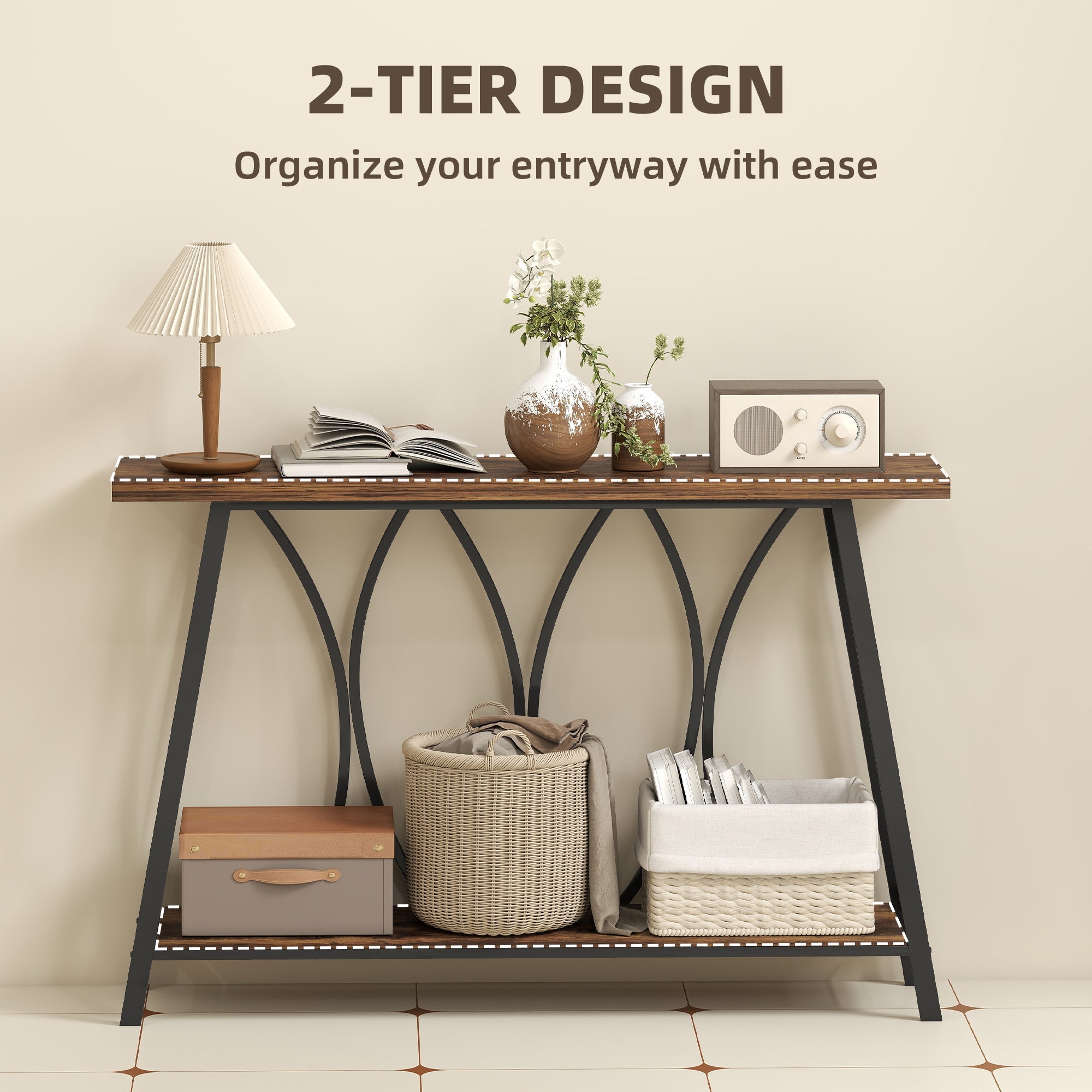 HOMCOM Narrow Console Table, Industrial 2-Tier Sofa Table with Metal Frame for Entryway, Living Room, 120x30x80cm, Rustic Brown