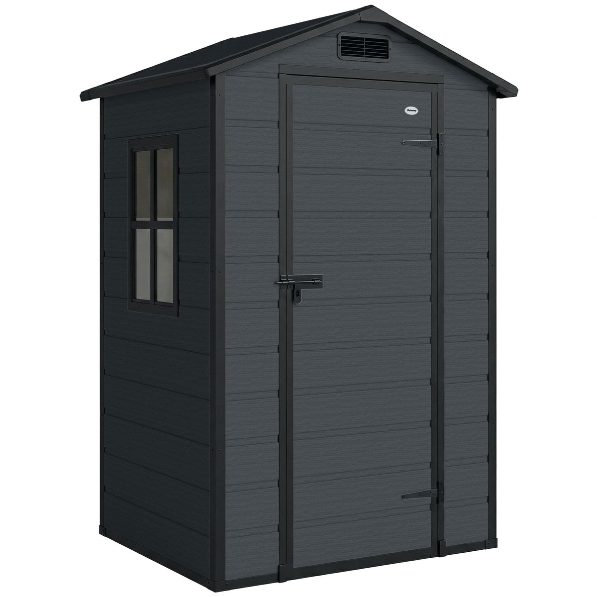 Outsunny 4 x 3 ft Plastic Garden Shed with Floor, Outdoor Storage Shed with Lockable Door, Window and Vent, Dark Grey