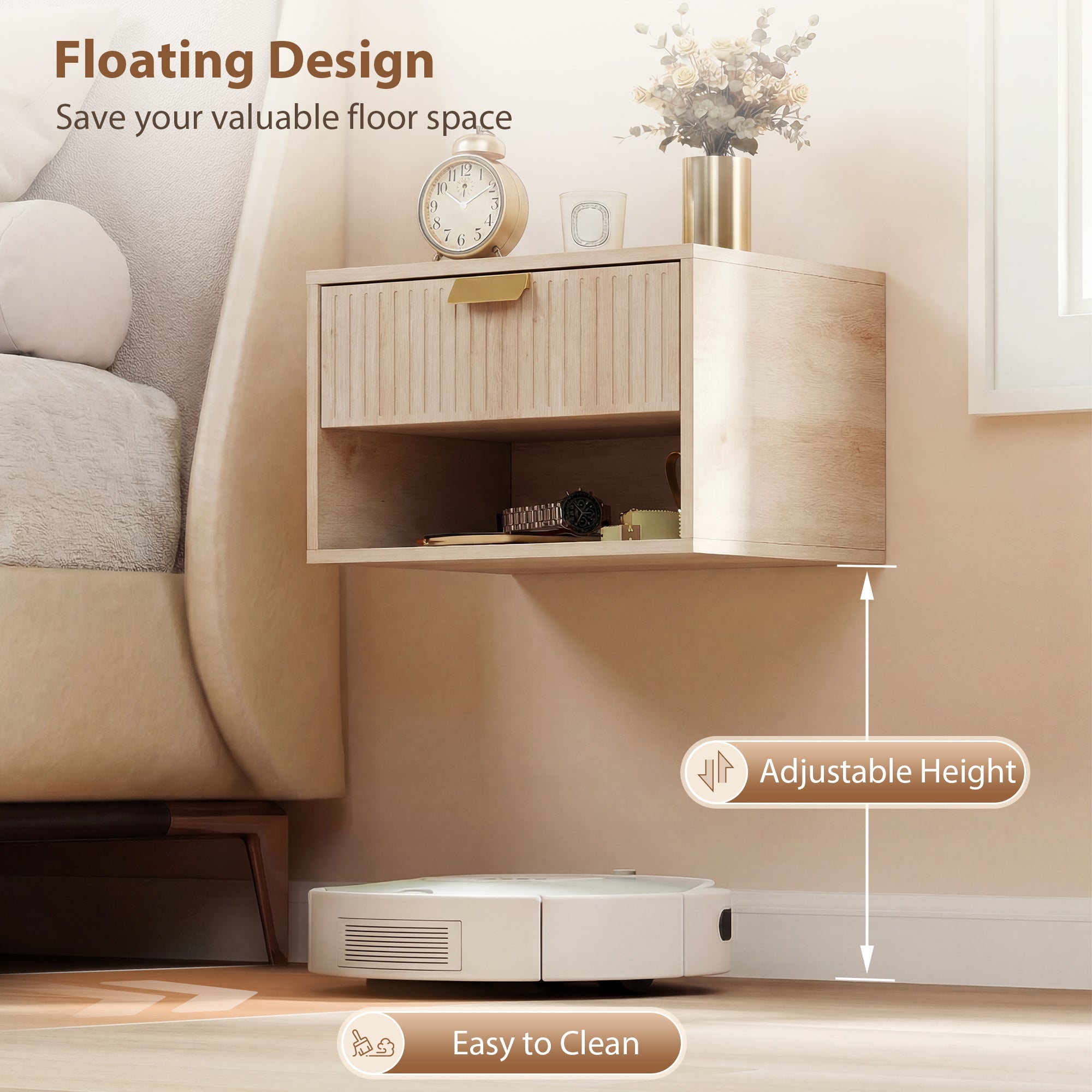 HOMCOM Set of 2 Wall Mounted Nightstands, Floating Bedside Tables with Fluted Drawer and Open Shelf for Small Bedroom, Oak