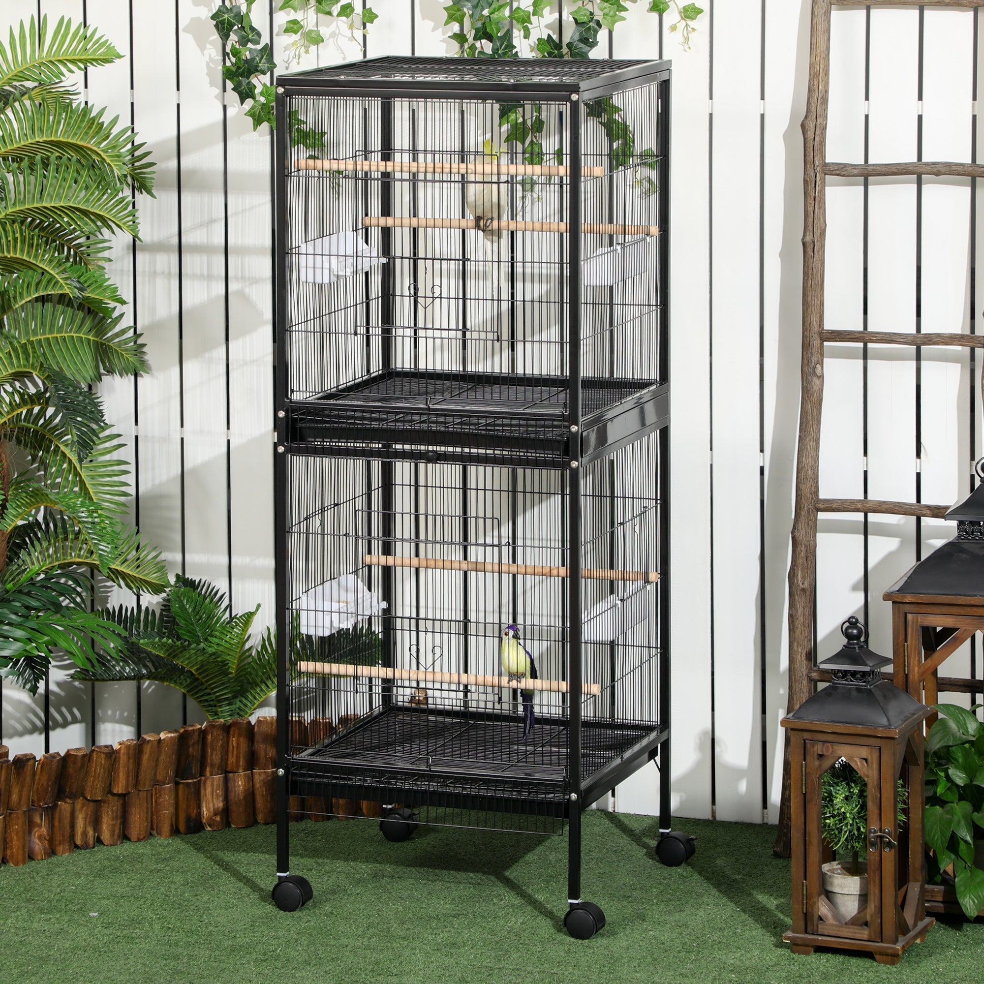 PawHut Bird Cage Budgie Cage 2 In 1 Large Aviary with Wheels Removable Trays for Finch Canaries Cockatiels Black