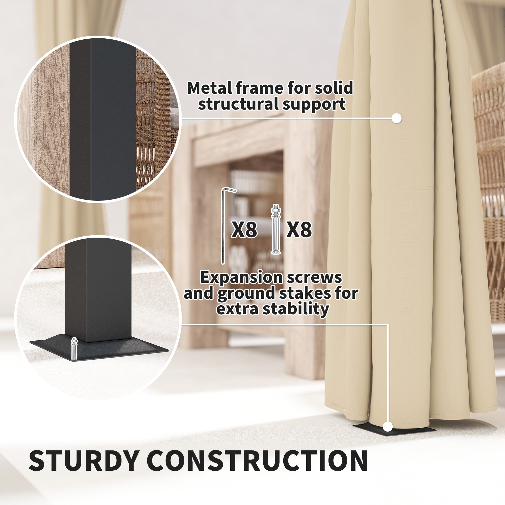 Outsunny 3 x 3m Retractable Roof Pergola, with Curtains - Khaki